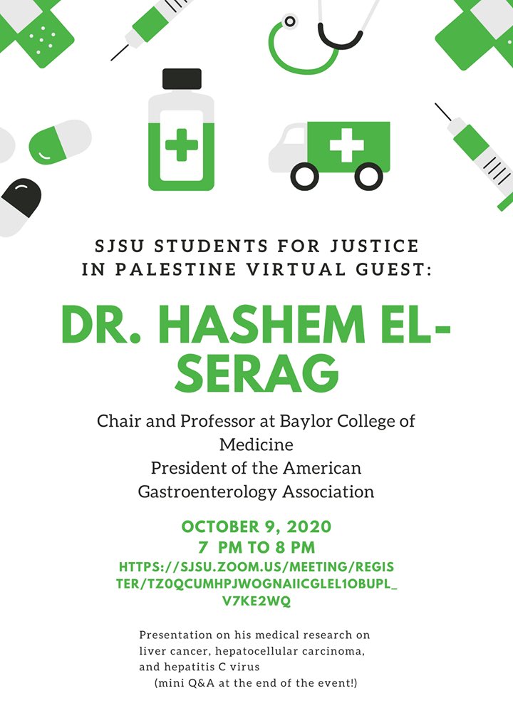 SJSUSJP's tweet image. We’re back!! Starting the semester off with our virtual guest speaker: Dr: Hashem El-Serag. Zoom registration required.