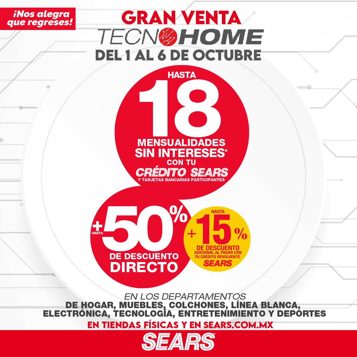 searsmexico's tweet photo. ¡Llegó nuestra Gran Venta #TecnoHome! Ven y sorpréndete con todos los descuentos que tenemos en Hogar, Tecnología, Entretenimiento y Deportes. #SearsMeEntiende

Válido del 1 al 6 de octubre del 2020.
Consulta bases de esta promoción aquí: https://t.co/Z83iGCgKyP https://t.co/2y386wX0bH