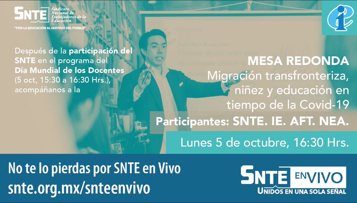 Lourdesarella38's tweet photo. #DiaMundialDeLosDocentes 👩🏫👨🏫
👉#5octLive 🗓️
🔵 Retos y desafíos de la enseñanza infantil en la frontera México 🇲🇽 Estados Unidos 🇺🇸 en diálogo binacional de docentes 👩💼🔛👨💼 No te lo pierdas por #SNTEenVivo
#Seccion38
👉#WorldTeachersDay 👉#SnteGlobal ✔️ @eduint ✔️ https://t.co/Y0rzHRhkUI