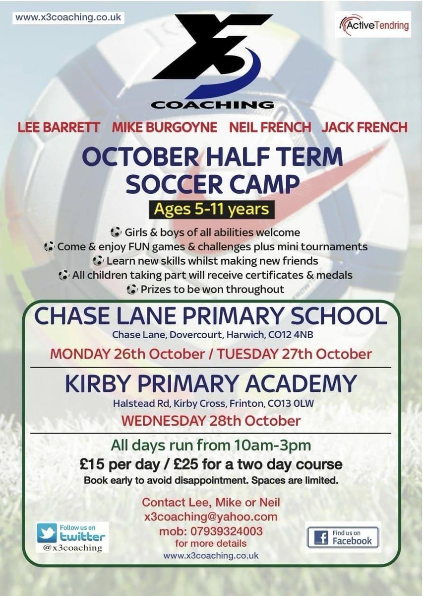 x3Coaching's tweet photo. OCTOBER HALF TERM DATES CONFIRMED! We're now taking bookings for sports camps for 5-11 year olds at @ChaseLaneSchool @kirbyreach2 and @clactonrugby https://t.co/Bs27sGj2JF