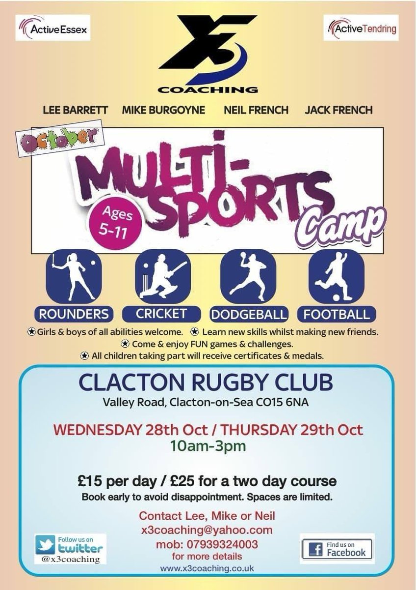 x3Coaching's tweet photo. OCTOBER HALF TERM DATES CONFIRMED! We're now taking bookings for sports camps for 5-11 year olds at @ChaseLaneSchool @kirbyreach2 and @clactonrugby https://t.co/Bs27sGj2JF