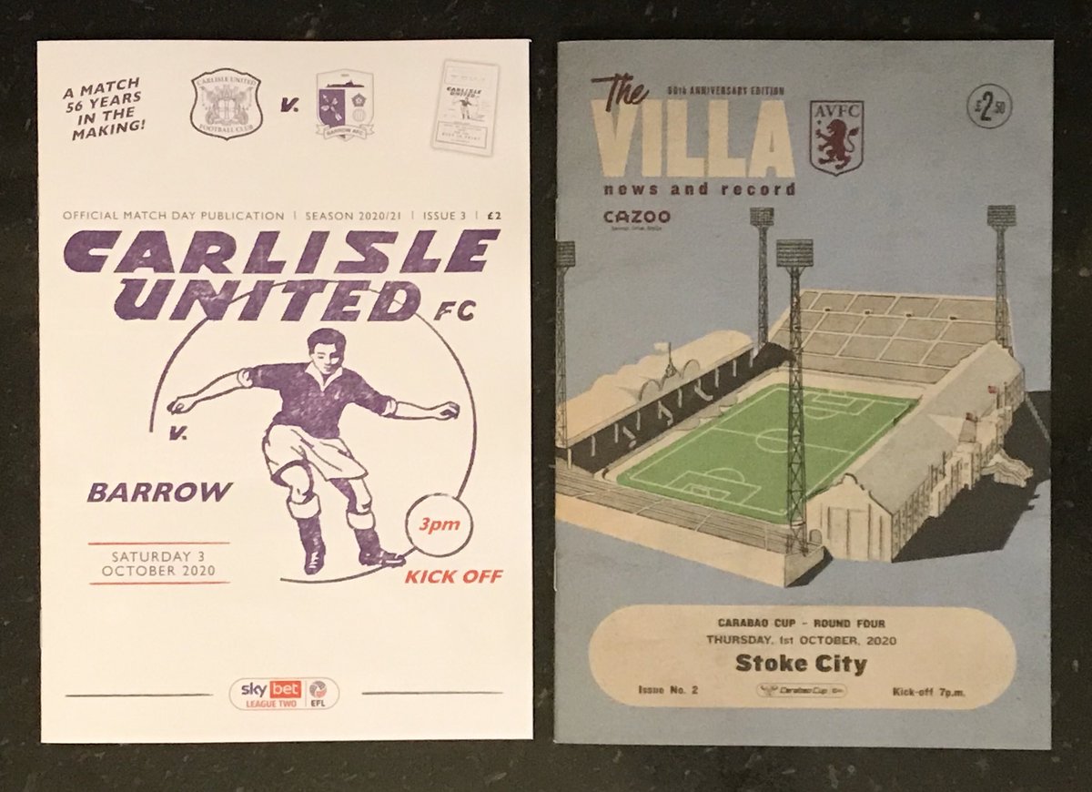 Footyprogramme1's tweet photo. Back to the future maybe! Two of this weeks retro programmes issued by ⁦@officialcufc⁩ and ⁦@AVFCOfficial⁩. Both are smaller and thinner but have gone down a treat with our customers and programme fans in general. Congratulations to both clubs. #savetheprogrammes https://t.co/nUclXIs441