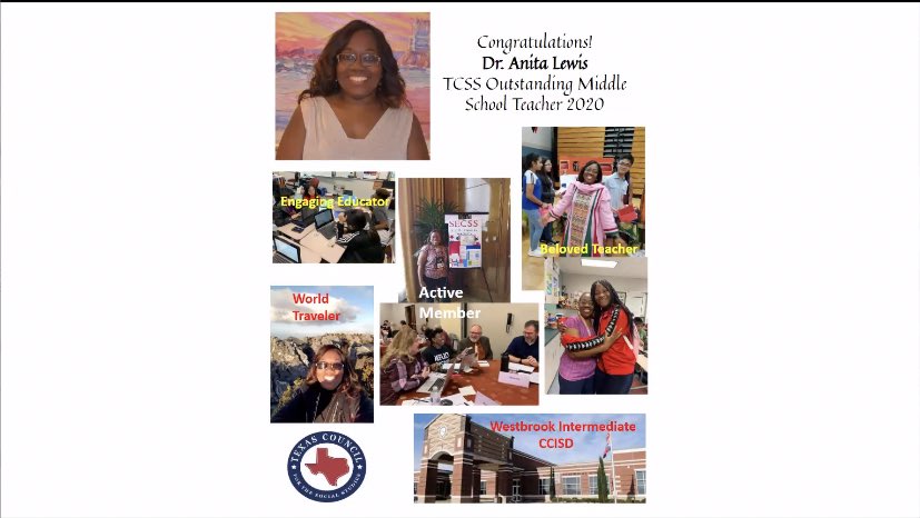 BrownWarrens's tweet photo. CONGRATULATIONS to Dr. Anita Lewis @scrapteacher3 for winning @txsocialstudies Outstanding Middle School Teacher of the Year Award‼️You never cease to inspire me &amp; I’m so proud of you‼️Thank you for having a ❤️to 🔥 Ss. @ClearCreekISD @rsabo11228 #txcss2020 #powerofcommunity https://t.co/1WzgyYcqTH