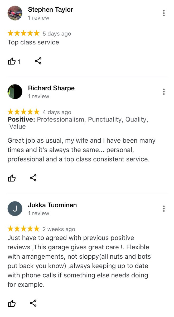 tfmotorsltd's tweet photo. A few nice five star reviews recently received on google. Thank you Stephen, Richard and Jukka for the positive feedback, much appreciated #tfmotorsltd #goodgaragescheme https://t.co/sRaDDd0sAe