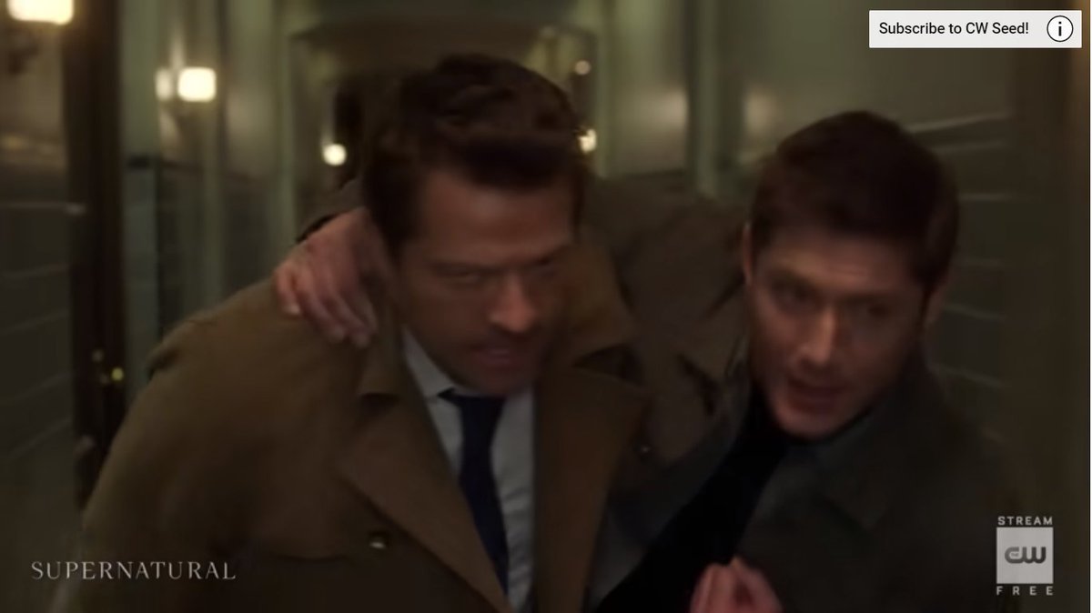 We can't see his shoulder from that frame but the clothes are the same of this scene, the goodbye of Cas in ep18 by the Empty.The major theory is that Cas will leave a bloody handprint on Dean's shoulder, to recall the time they met in hell and Dean was saved.