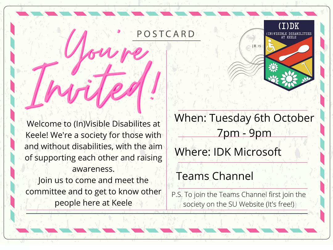 keeledisability's tweet photo. Join us on Tuesday from 7pm on our Teams channel for a chance to meet others and make some new friends. Sign up for free on the SU website (https://t.co/etZMXRjBQJ) and we can add you to the channel! Feel free to drop in and out as you feel comfortable.

#keele #disability https://t.co/JIxaRZoFH4