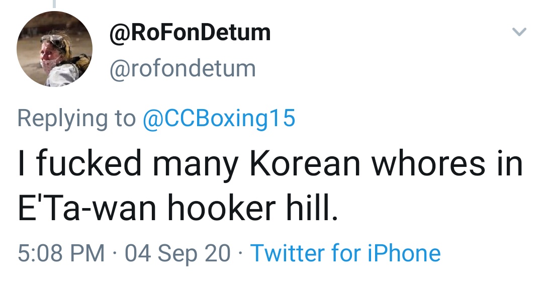 Self-described Proud Boy  @RoFonDetum wants you to know he has spent time near Seoul, in the international neighborhood of Itaewon, which is frequented by tourists and GIs, where he engaged the services of Korean prostitutes. The Seoul Times on Hooker Hill:  https://theseoultimes.com/ST/?url=/ST/db/read.php%3fidx=260