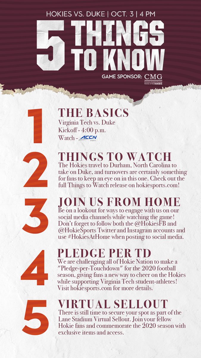 hokiesports's tweet photo. Five things to know, leading up to @HokiesFB's battle at Duke today

Game program » https://t.co/XSlrTeTcWt
HokieSports app » https://t.co/sBMCkJcXWb

(» @cmgdowntown) https://t.co/0FhzNARo2e