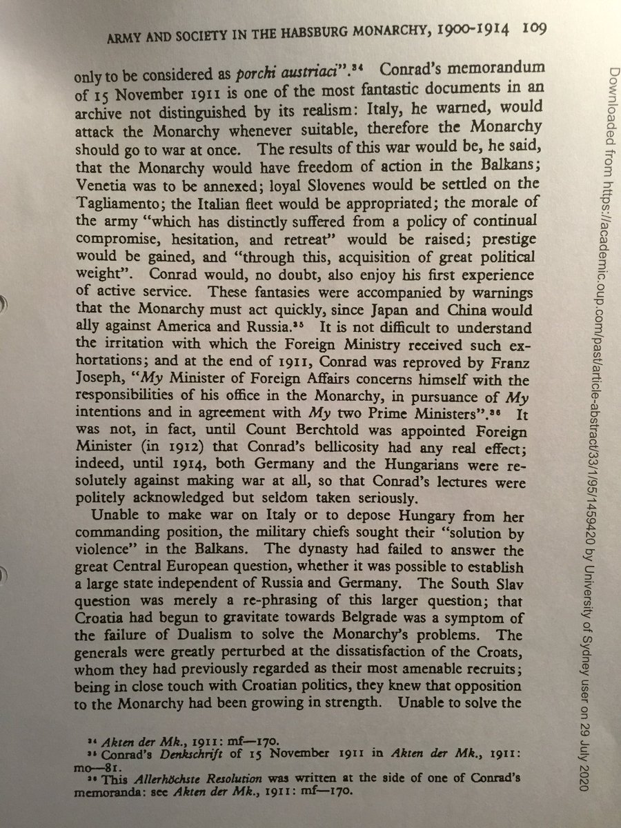 Excerpts of a fascinating analysis by Norman Stone on the late Austro-Hungarian Army, especially the KuK’s concern for its Italian and Serb enemies & not any threat from within.