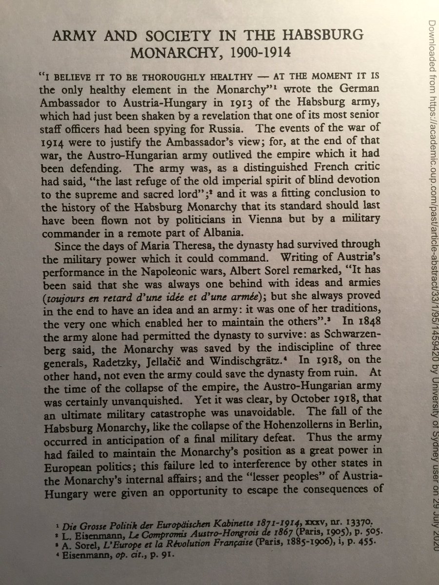 Excerpts of a fascinating analysis by Norman Stone on the late Austro-Hungarian Army, especially the KuK’s concern for its Italian and Serb enemies & not any threat from within.