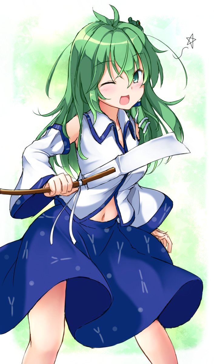 東風谷早苗 「#10月になったのでフォロワーさんに自己紹介しようぜ 
緑風信仰会です。早苗さん」|赤束子のイラスト