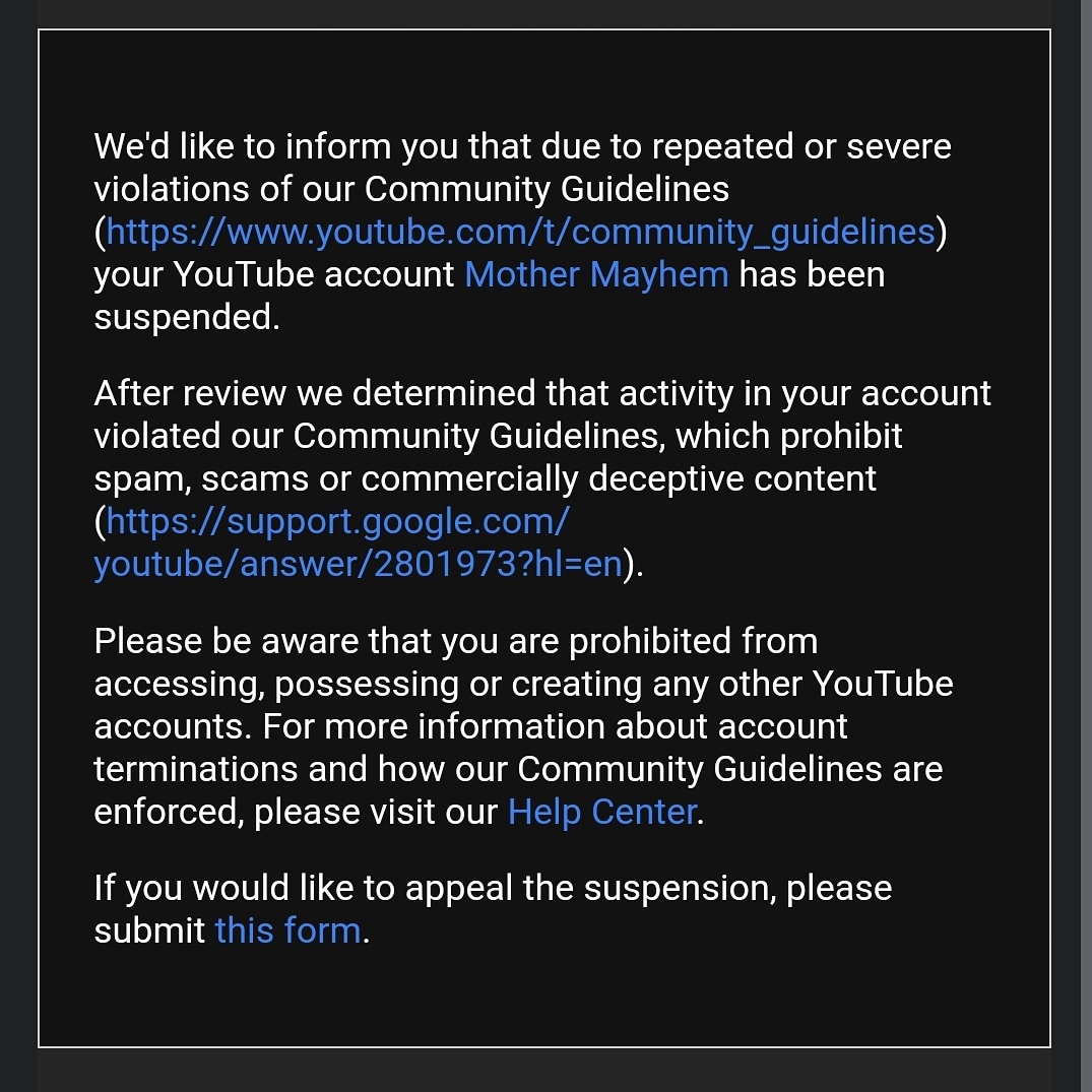 mother_mayhemYT's tweet image. Thanks @YouTube ... Way to kick a girl when she's down. I have absolutely no idea how I could've violated anything? @YouTubeCreators HELP PLEASE?!?!