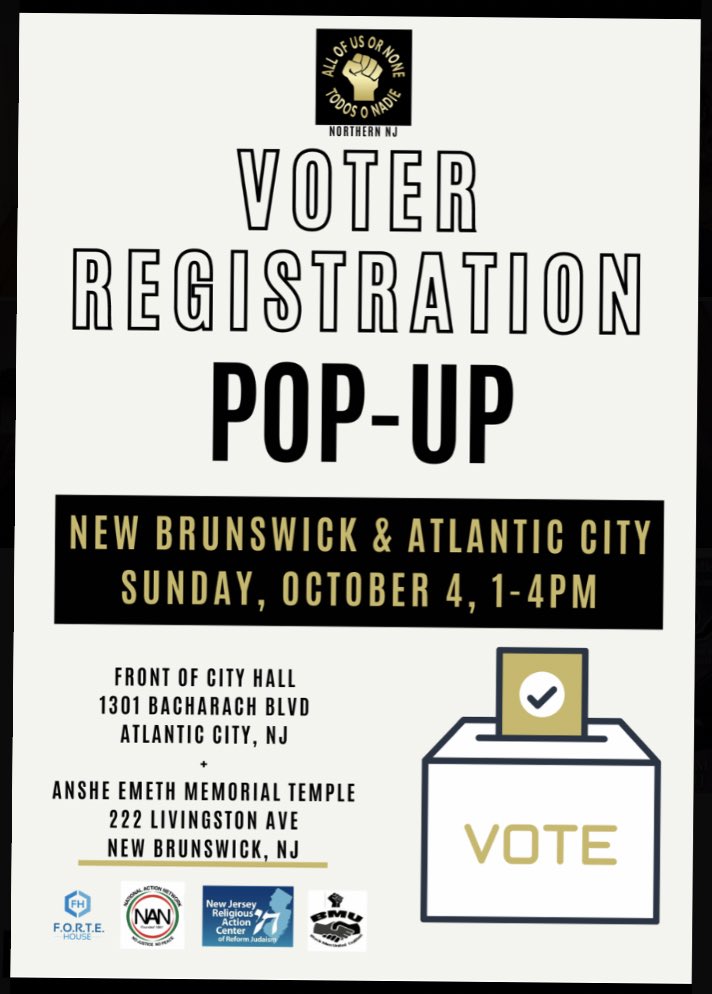 AOUON_NJ's tweet photo. HAPPENING TOMORROW!!! 

Haven't had time to vote...no problem!Have a prior felony conviction.. No problem! 

Join us tomorrow for 2 of 6 voter registration pop ups. Enjoy gift bags, snacks, music, Ave get your AoUoN swag! #AllOfUsOrNone https://t.co/60voSxJrXw