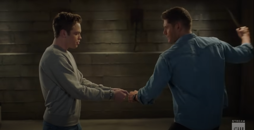 same scene, Dean tries to break Jack's handcuffs, (WHY MY RAY OF SUNSHINE IS HANDCUFFED LET HIM GO YOU MONSTERS)