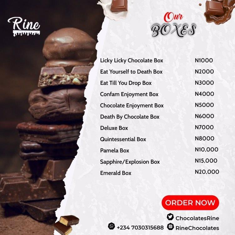 Hi Chocolatey Person!Here's a price list of all our boxes and the thread below are pictures of the boxes of chocolates.Please pick your preferred box and send us a DM to place your order.Boxes can be curated to suit your preference and budget.Lots of Chocolates,Rine.