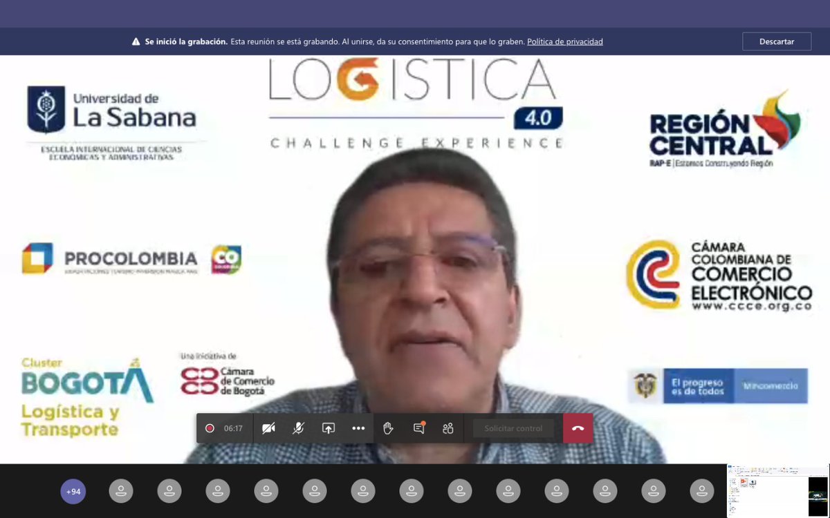 LaRegionCentral's tweet photo. #AEstaHora| Nuestro gerente, @FernandoFlorezE, participa en la apertura del #ChallengeLogística 4.0 realizado en alianza con @MinTransporteCo @PROCOLOMBIACO @ciagalletasnoel #AxionLog @BascColombia @LOGYCA_Org @camaracomerbog @unisabana https://t.co/u8kseRDNqt