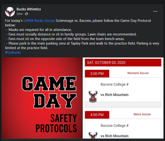 UARMBucks's tweet photo. #BuckFans attending today's @uarmbuckssoccer scrimmage vs. Bacone, please follow the Game Day Event Protocols! #GoBucks https://t.co/TdiD8Z7d2V