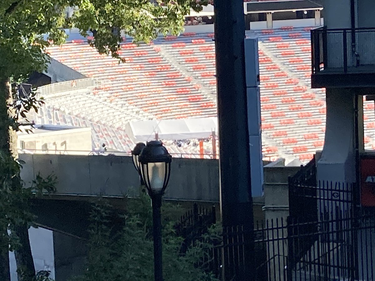 wrightforathens's tweet photo. Today College Game Day returns to District 4. The stage is IN the stadium looking on to Vince Dooley Field.The bridge is blocked off to pedestrians. Great weather for a crowdless walk through campus. Security is at each parking lot to enforce pandemic game day rules. https://t.co/s3ylUI1CT8