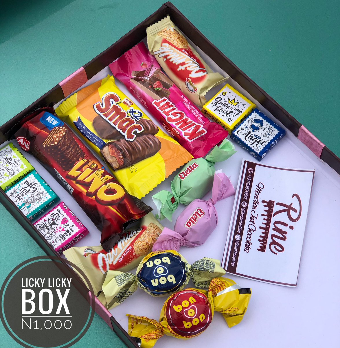 Hey Chocolatey Person!This is our Licky Licky Chocolate Box.It is readily available for delivery or pickup upon order.Kindly send a dm to order a box or more for yourself and loved ones.Lots of chocolates,Rine.