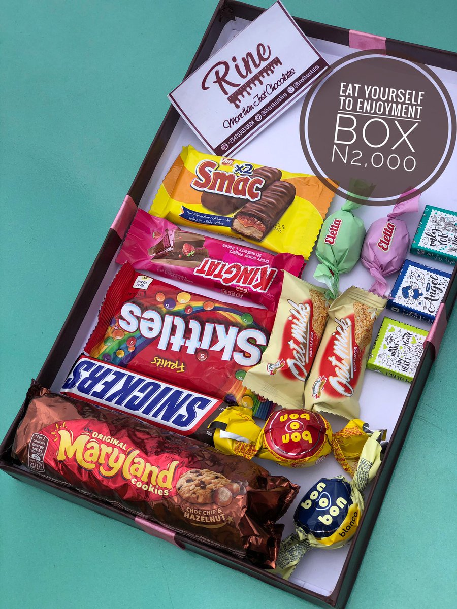 Hey Chocolatey Person!This is our Eat yourself to Enjoyment Box.It is worth N2,000 and can be curated to suit your preference.It is readily available for delivery or pickup upon order for personal enjoyment and a treat for loved ones.Lots of chocolates,Rine.