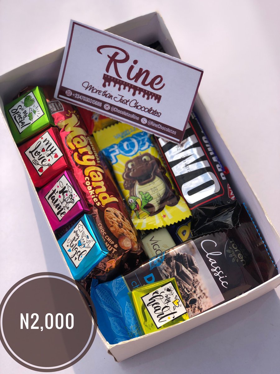Hey Chocolatey Person!This is our Eat yourself to Enjoyment Box.It is worth N2,000 and can be curated to suit your preference.It is readily available for delivery or pickup upon order for personal enjoyment and a treat for loved ones.Lots of chocolates,Rine.