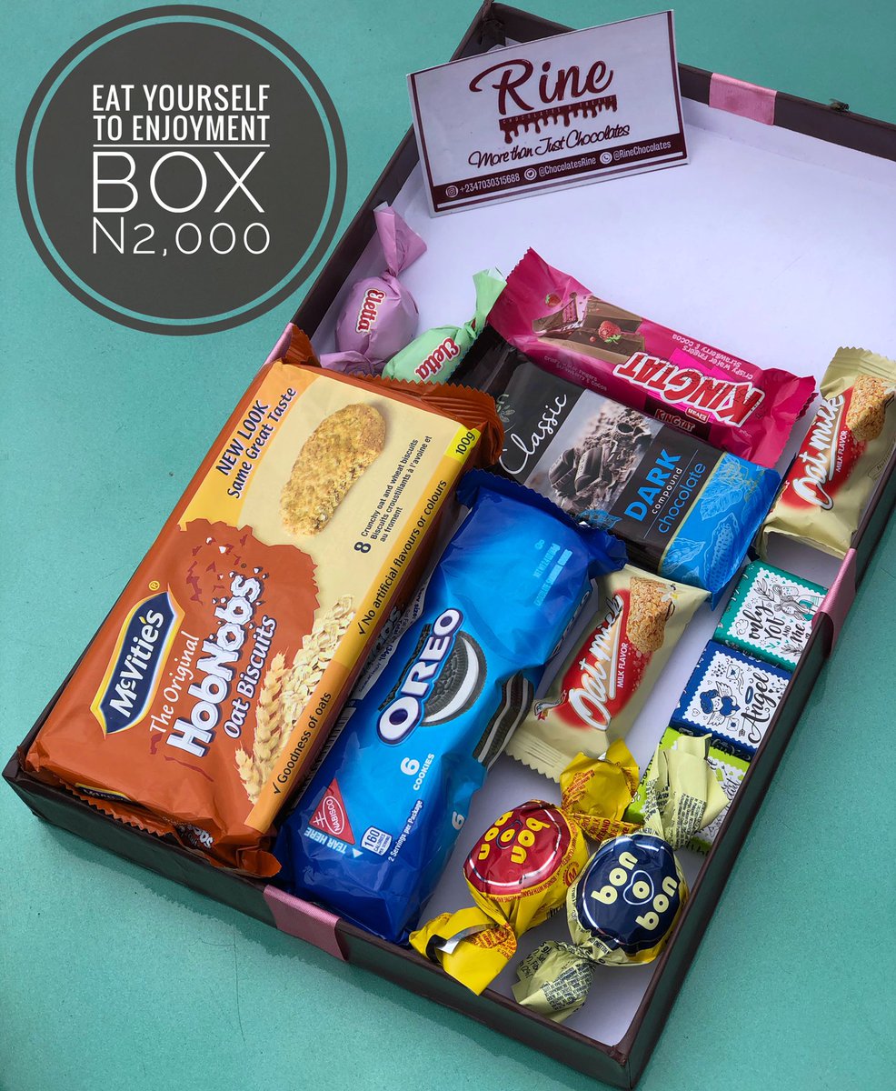 Hey Chocolatey Person!This is our Eat yourself to Enjoyment Box.It is worth N2,000 and can be curated to suit your preference.It is readily available for delivery or pickup upon order for personal enjoyment and a treat for loved ones.Lots of chocolates,Rine.