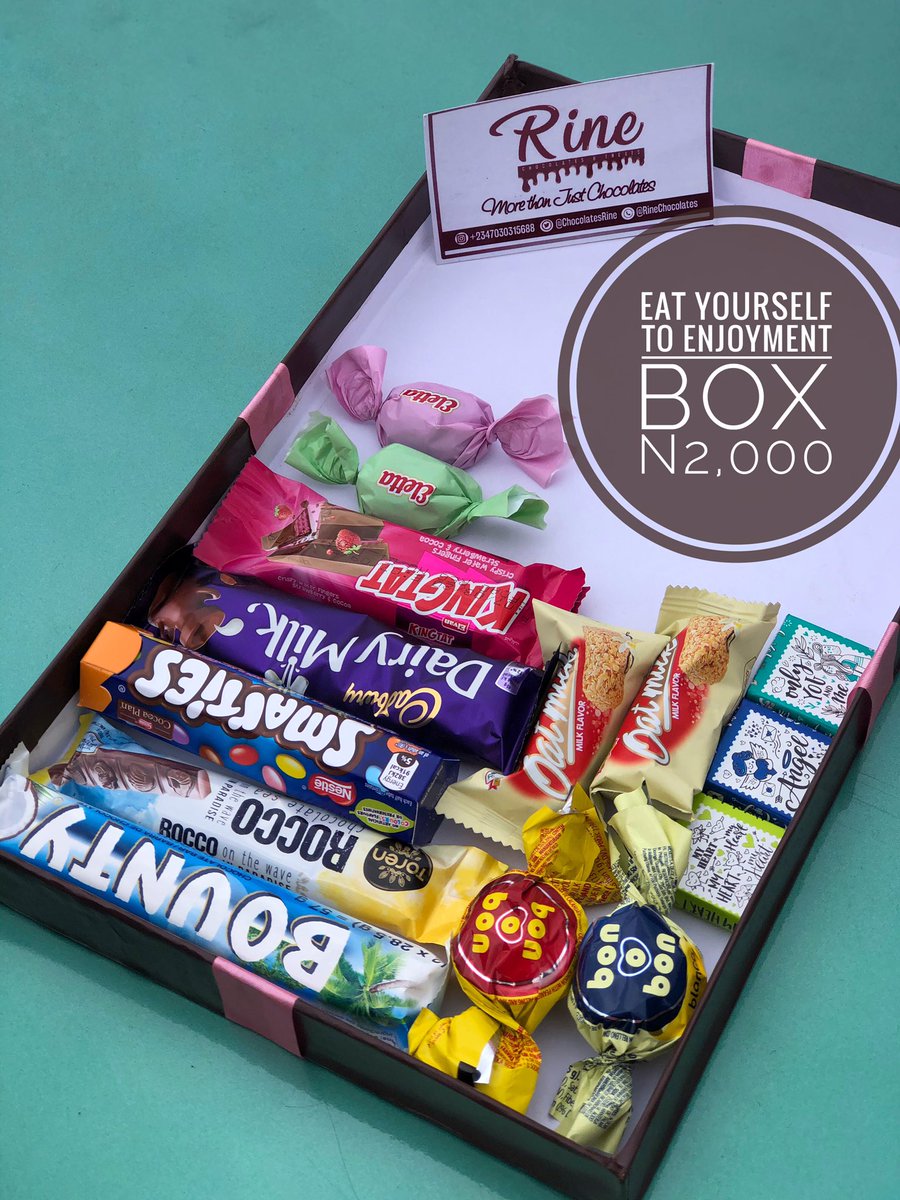 Hey Chocolatey Person!This is our Eat yourself to Enjoyment Box.It is worth N2,000 and can be curated to suit your preference.It is readily available for delivery or pickup upon order for personal enjoyment and a treat for loved ones.Lots of chocolates,Rine.