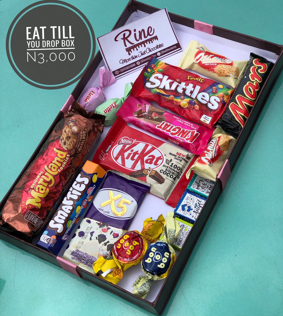 Hey Chocolatey Person!This is our Eat yourself to Enjoyment Box.It is worth N3,000 and can be curated to suit your preference.It is readily available for delivery or pickup upon order for personal enjoyment and a treat for loved ones.Lots of chocolates,Rine.