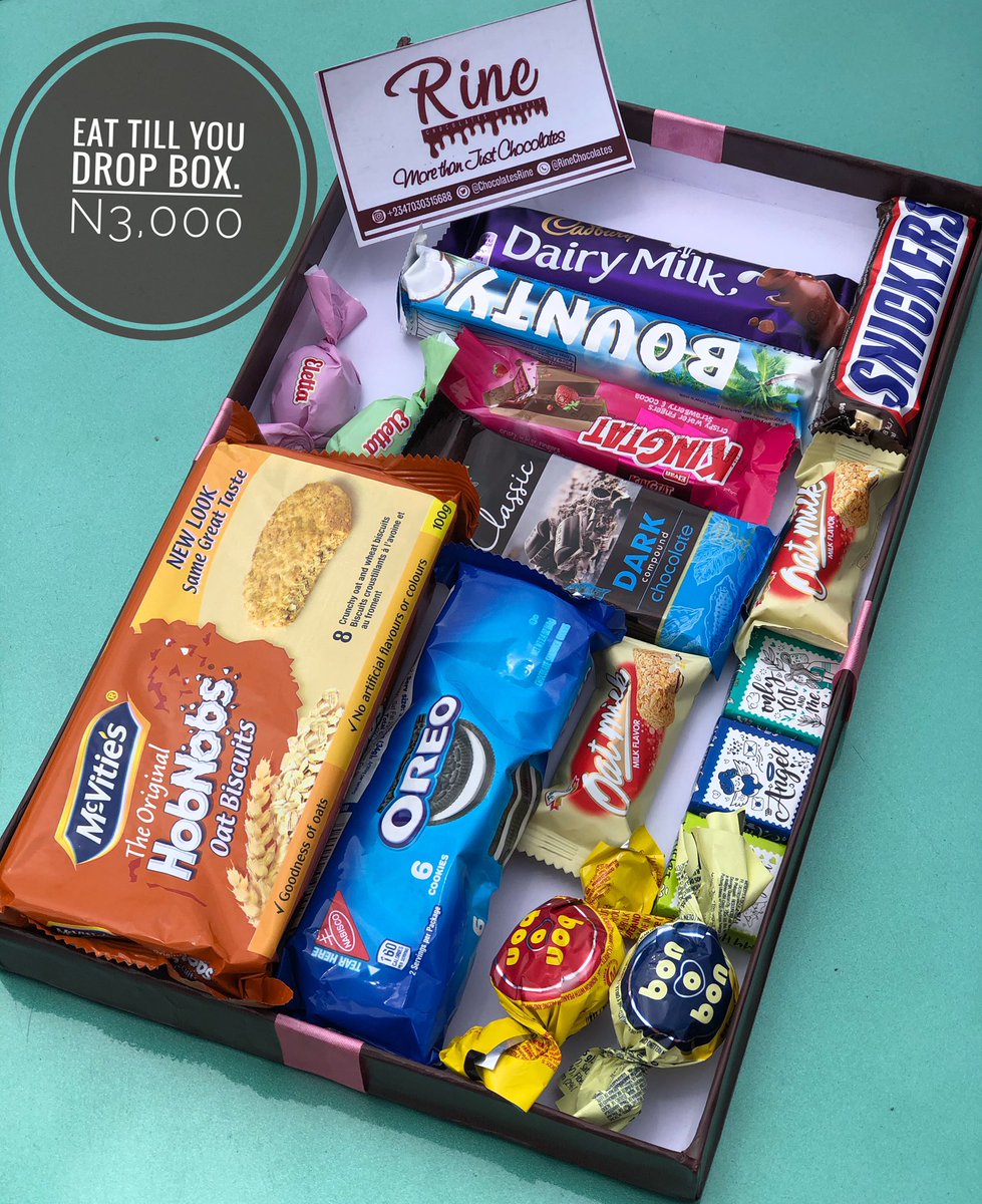 Hey Chocolatey Person!This is our Eat yourself to Enjoyment Box.It is worth N3,000 and can be curated to suit your preference.It is readily available for delivery or pickup upon order for personal enjoyment and a treat for loved ones.Lots of chocolates,Rine.