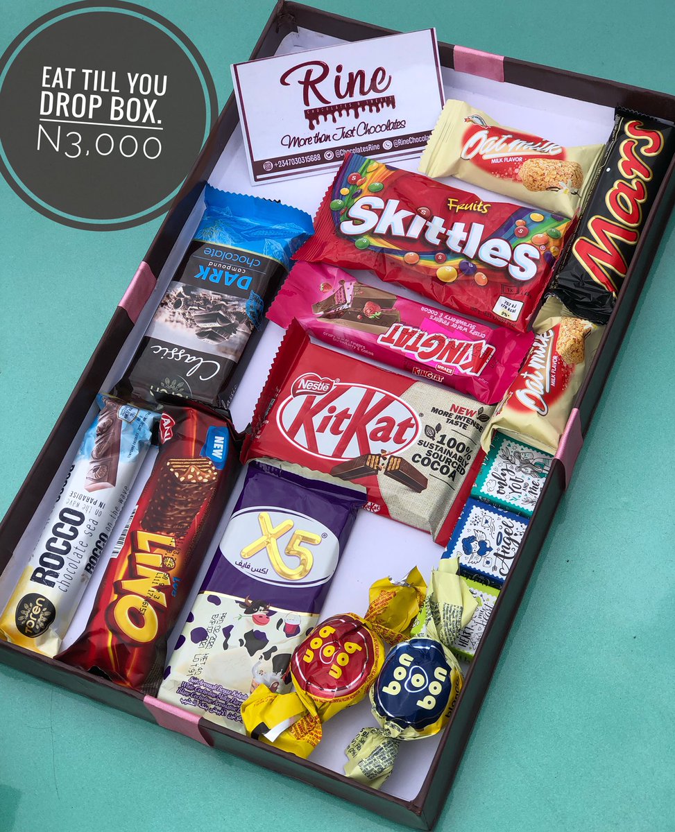 Hey Chocolatey Person!This is our Eat yourself to Enjoyment Box.It is worth N3,000 and can be curated to suit your preference.It is readily available for delivery or pickup upon order for personal enjoyment and a treat for loved ones.Lots of chocolates,Rine.