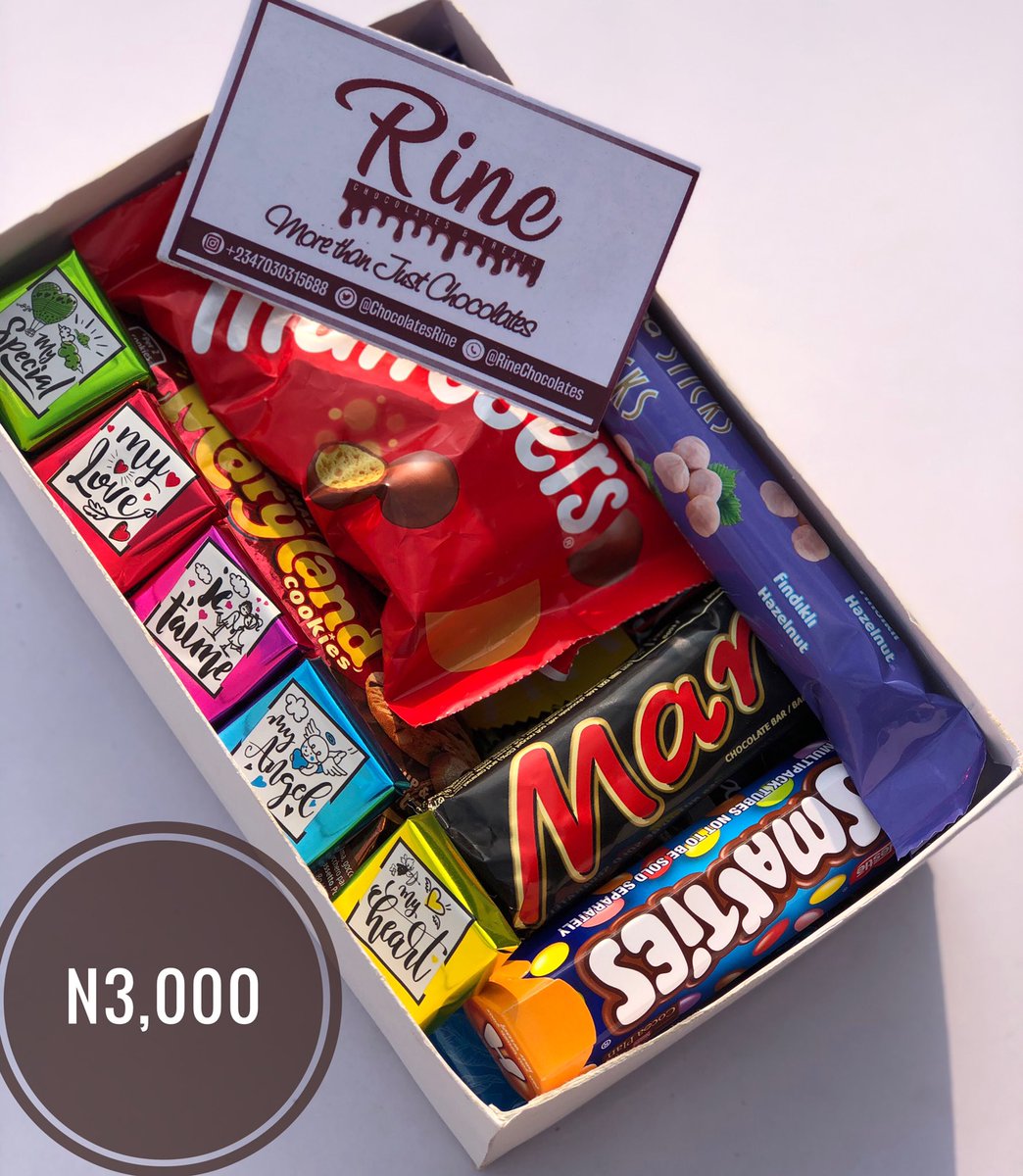 Hey Chocolatey Person!This is our Eat yourself to Enjoyment Box.It is worth N3,000 and can be curated to suit your preference.It is readily available for delivery or pickup upon order for personal enjoyment and a treat for loved ones.Lots of chocolates,Rine.
