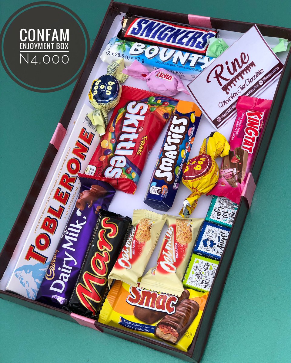 Hey Chocolatey Person!This is our Eat yourself to Enjoyment Box.It is worth N4,000 and can be curated to suit your preference.It is readily available for delivery or pickup upon order for personal enjoyment and a treat for loved ones.Lots of chocolates,Rine.