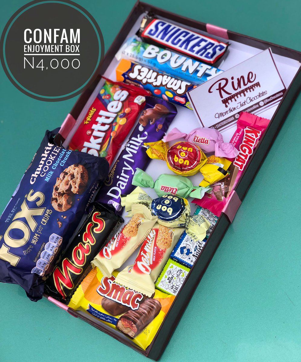 Hey Chocolatey Person!This is our Eat yourself to Enjoyment Box.It is worth N4,000 and can be curated to suit your preference.It is readily available for delivery or pickup upon order for personal enjoyment and a treat for loved ones.Lots of chocolates,Rine.