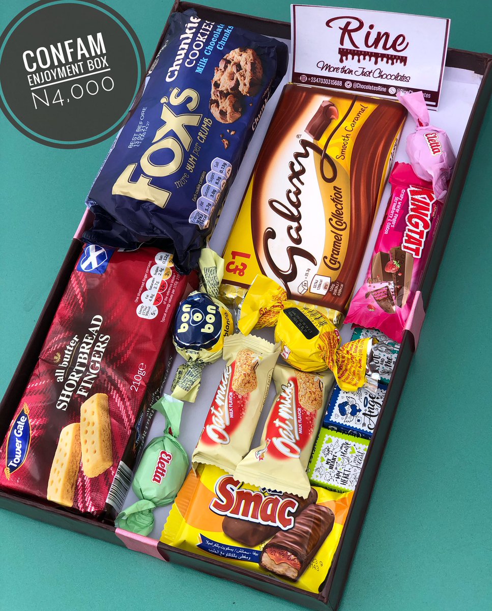 Hey Chocolatey Person!This is our Eat yourself to Enjoyment Box.It is worth N4,000 and can be curated to suit your preference.It is readily available for delivery or pickup upon order for personal enjoyment and a treat for loved ones.Lots of chocolates,Rine.