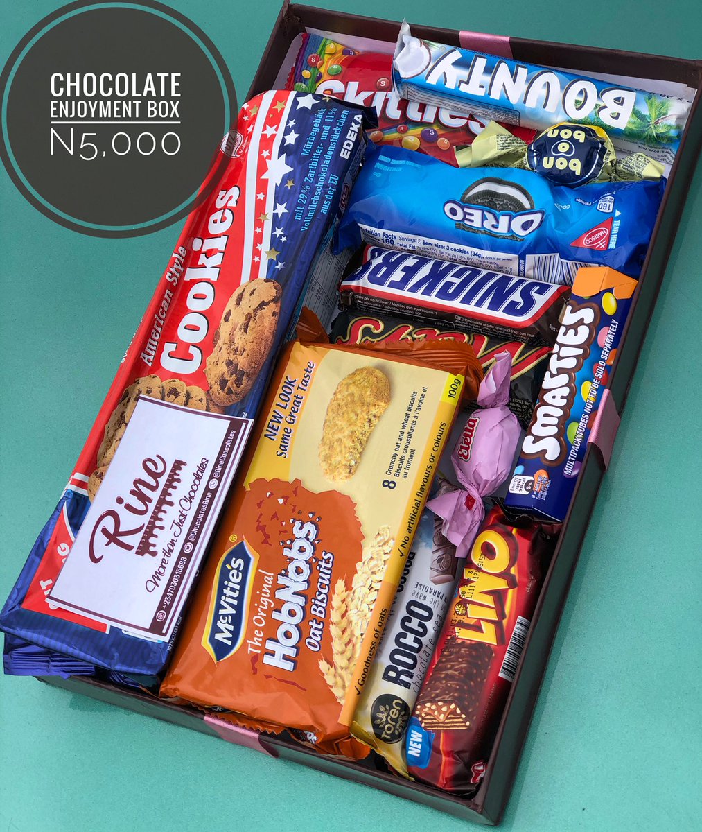 Hey Chocolatey Person!This is our Eat yourself to Enjoyment Box.It is worth N5,000 and can be curated to suit your preference.It is readily available for delivery or pickup upon order for personal enjoyment and a treat for loved ones.Lots of chocolates,Rine.