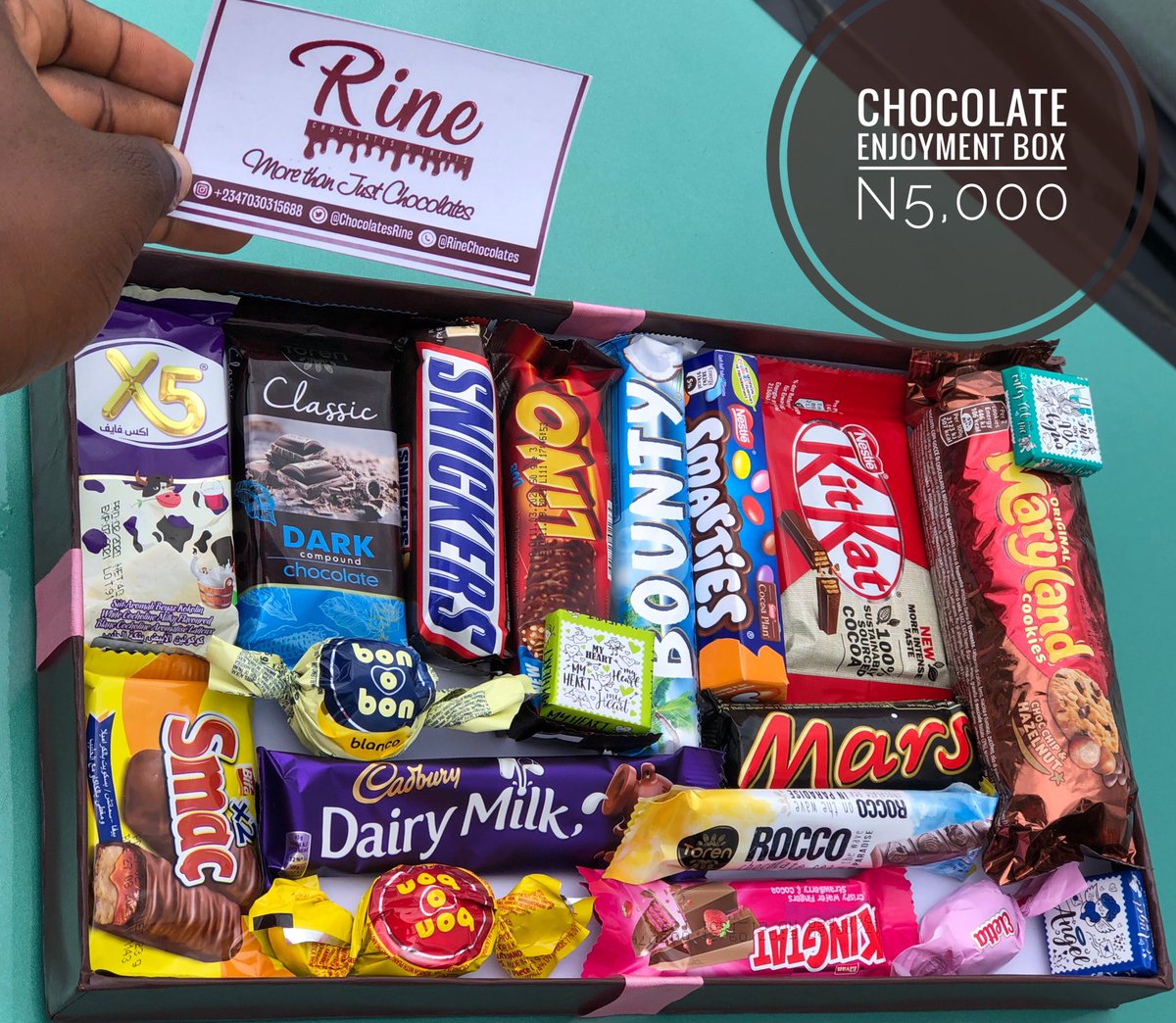 Hey Chocolatey Person!This is our Eat yourself to Enjoyment Box.It is worth N5,000 and can be curated to suit your preference.It is readily available for delivery or pickup upon order for personal enjoyment and a treat for loved ones.Lots of chocolates,Rine.