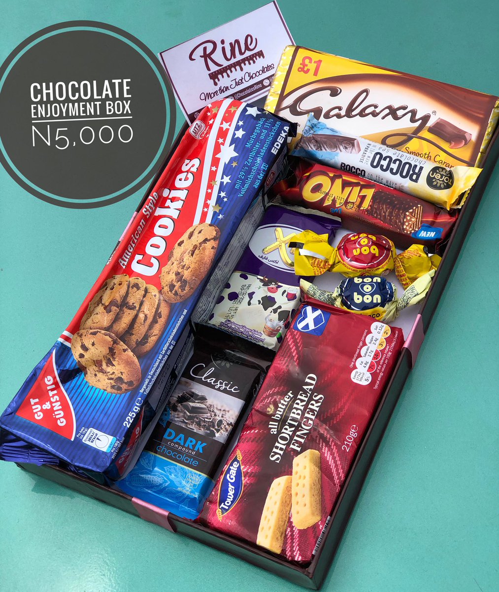 Hey Chocolatey Person!This is our Eat yourself to Enjoyment Box.It is worth N5,000 and can be curated to suit your preference.It is readily available for delivery or pickup upon order for personal enjoyment and a treat for loved ones.Lots of chocolates,Rine.