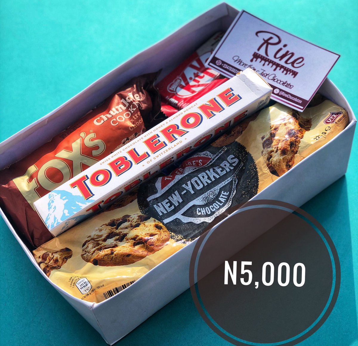 Hey Chocolatey Person!This is our Eat yourself to Enjoyment Box.It is worth N5,000 and can be curated to suit your preference.It is readily available for delivery or pickup upon order for personal enjoyment and a treat for loved ones.Lots of chocolates,Rine.