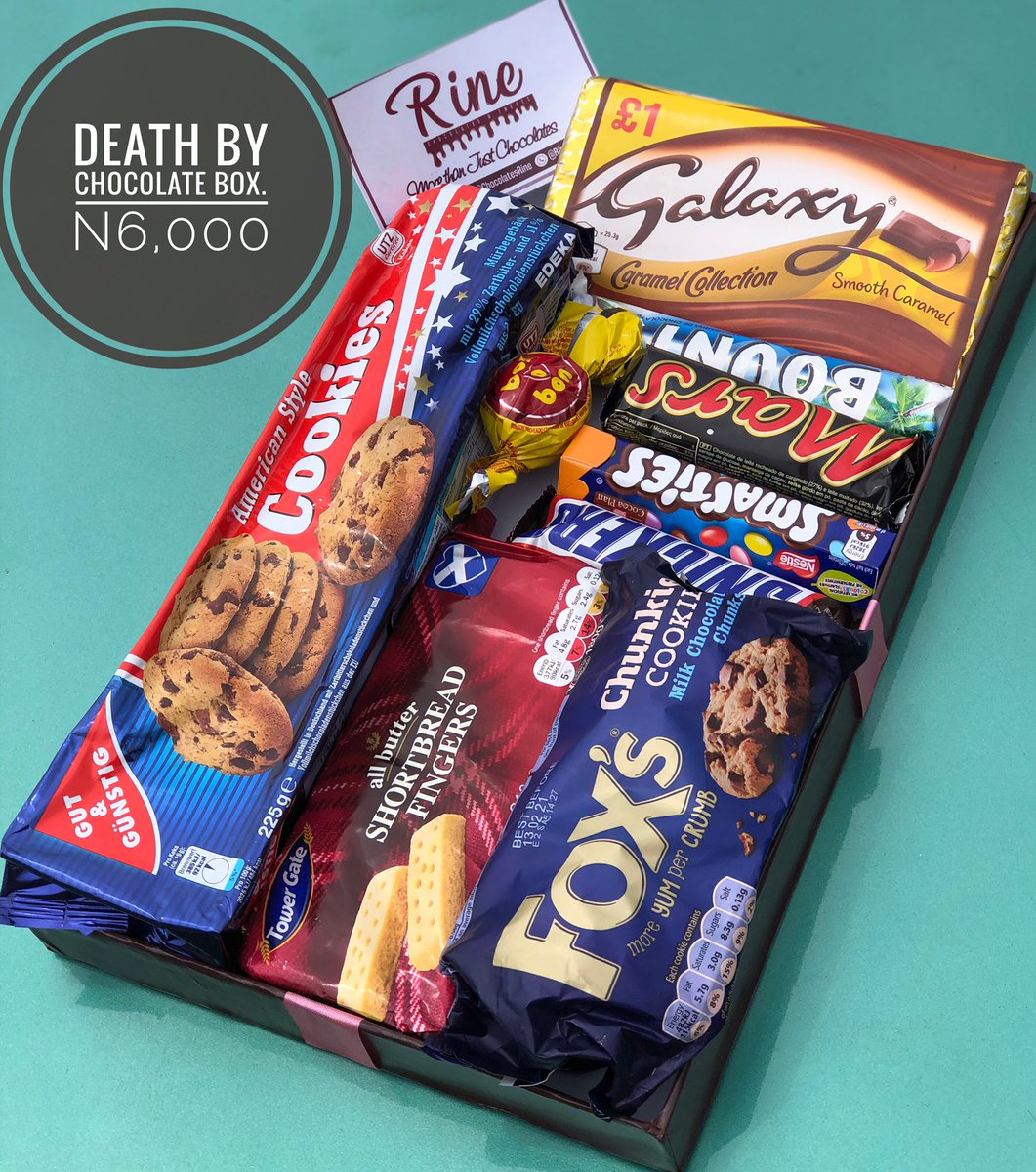 Hey Chocolatey Person!This is our Eat yourself to Enjoyment Box.It is worth N6,000 and can be curated to suit your preference.It is readily available for delivery or pickup upon order for personal enjoyment and a treat for loved ones.Lots of chocolates,Rine.