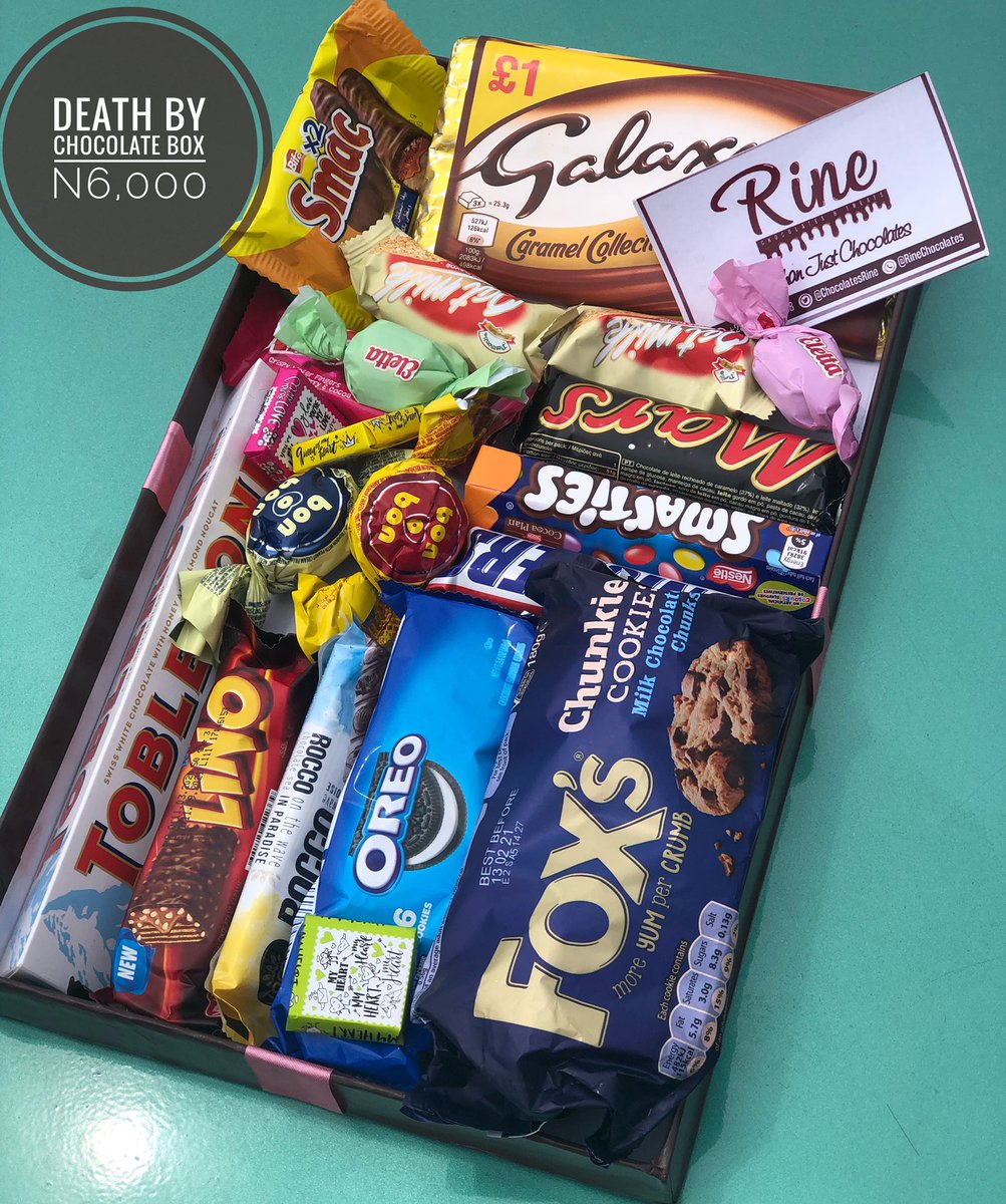 Hey Chocolatey Person!This is our Eat yourself to Enjoyment Box.It is worth N6,000 and can be curated to suit your preference.It is readily available for delivery or pickup upon order for personal enjoyment and a treat for loved ones.Lots of chocolates,Rine.