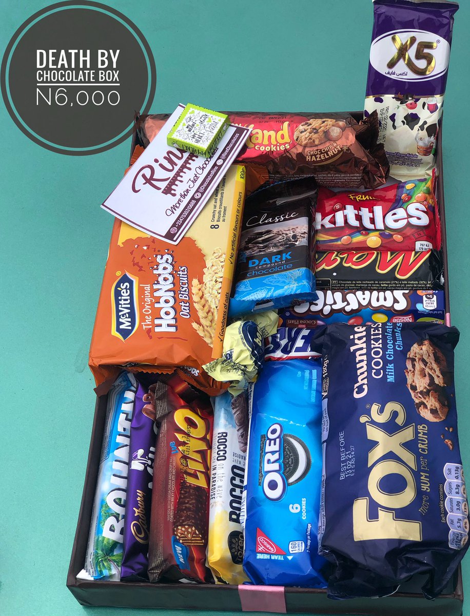 Hey Chocolatey Person!This is our Eat yourself to Enjoyment Box.It is worth N6,000 and can be curated to suit your preference.It is readily available for delivery or pickup upon order for personal enjoyment and a treat for loved ones.Lots of chocolates,Rine.