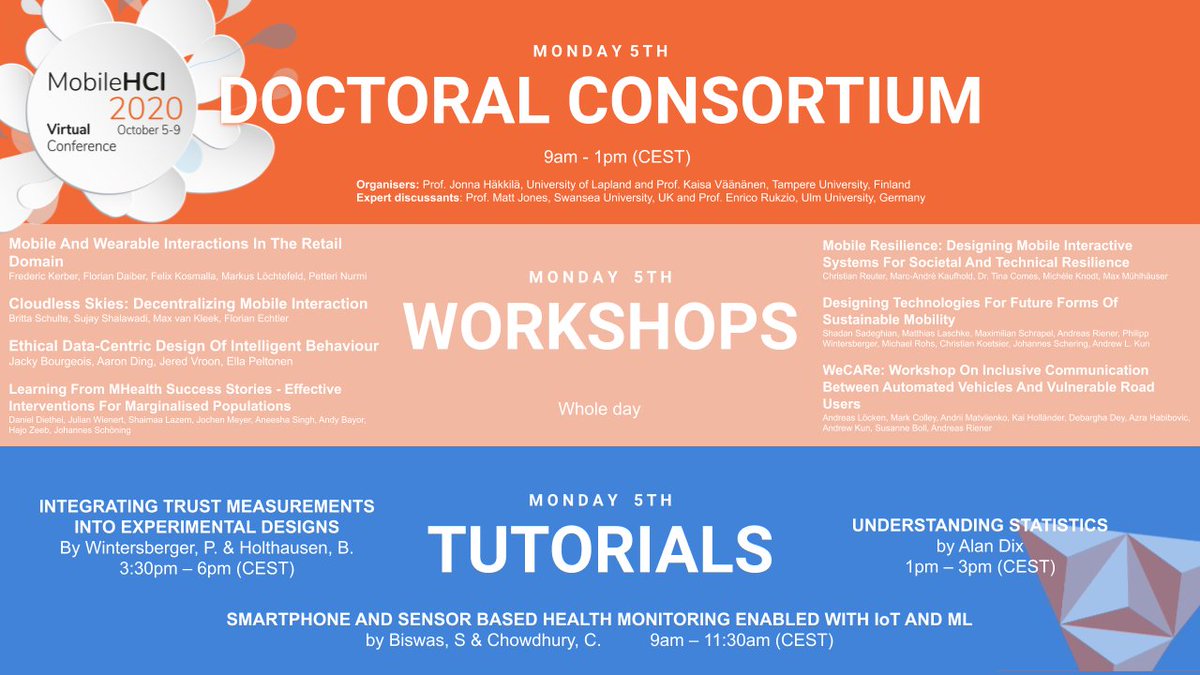 Only two more days and MobileHCI 2020 will kick off: The conference starts on October 5 with the Doctoral Consortium, 8 Workshops and 3 exciting tutorials given by international experts. #MobileHCI2020