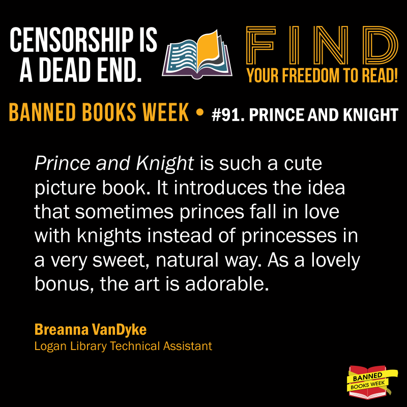 LoganLibraryUT's tweet photo. "It introduces the idea that sometimes princes fall in love with knights instead of princesses in a very sweet, natural way. As a lovely bonus, the art is adorable."
-- Breanna VanDyke on Daniel Haack's Prince and Knight
#BannedBooksWeek #LoganLibrary https://t.co/kL00g1J7He