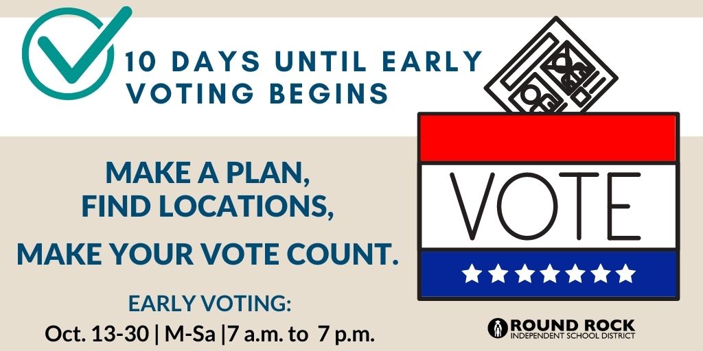 Just 10 more days before #EarlyVoting begins. During Early Voting, you may vote at any designated Early Voting location in the county you reside and are registered. Find interactive maps of both Travis and Williamson county Early Voting locations at: roundrockisd.org/vote