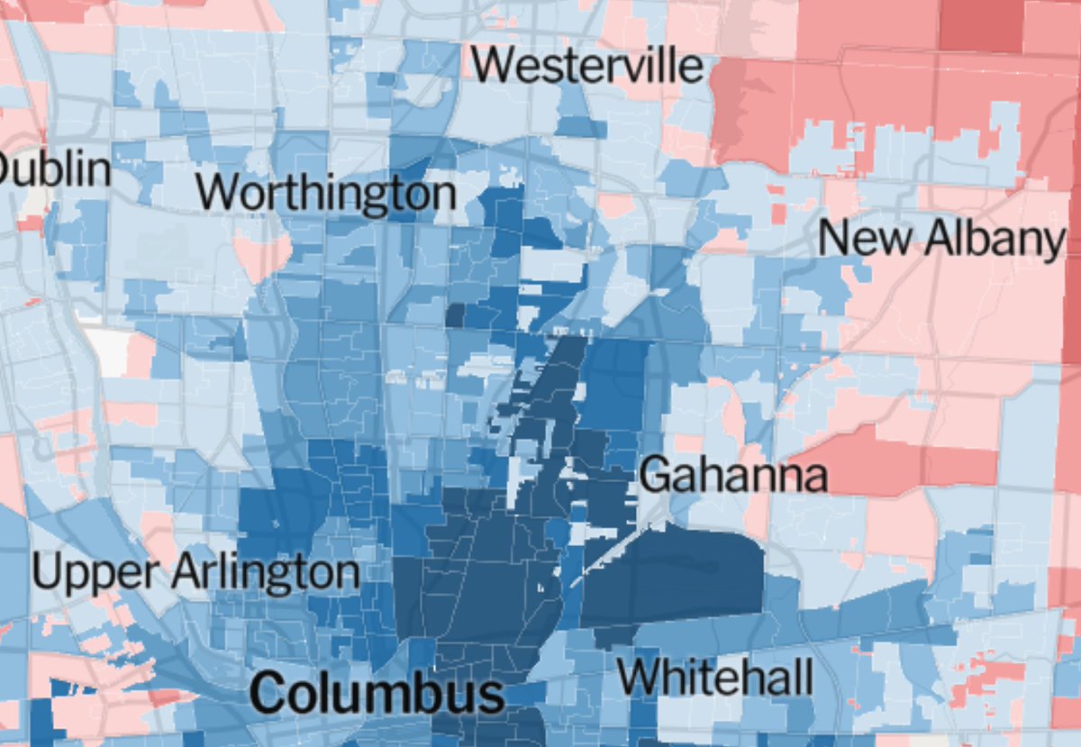 Here it is compared to the rest of the city. Columbus, in general, is very blue. They would be hard pressed to find a place in the city/suburbs more conservative than this, yet here they will be.