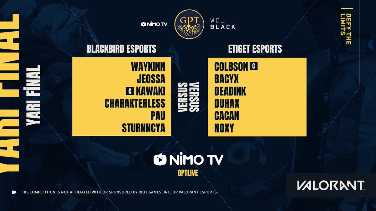 GPT VALORANT Turnuvası #1'de yarı finalin ilk karşılaşması saat 18.00'de başlıyor! 

BlackBird Esports ⚔️ @EtigetEsports 

👉nimo.tv/gptlive

#poweredbyGPT #VALORANT #NimoTV