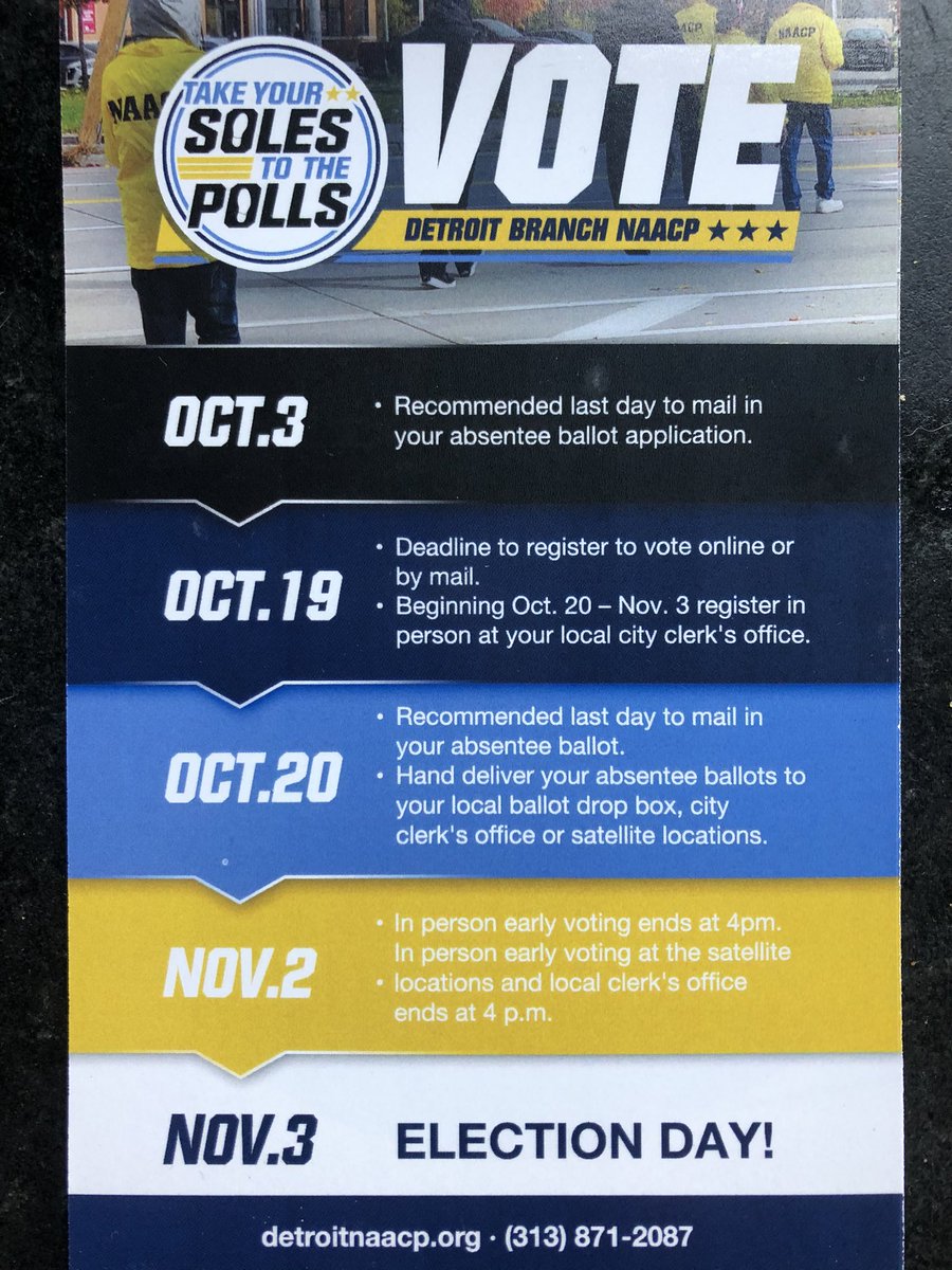 Today 10/3 is the recommended last day to mail in your absentee ballot application. Thank you <a href="/NAACP/">NAACP</a>  #Detroit