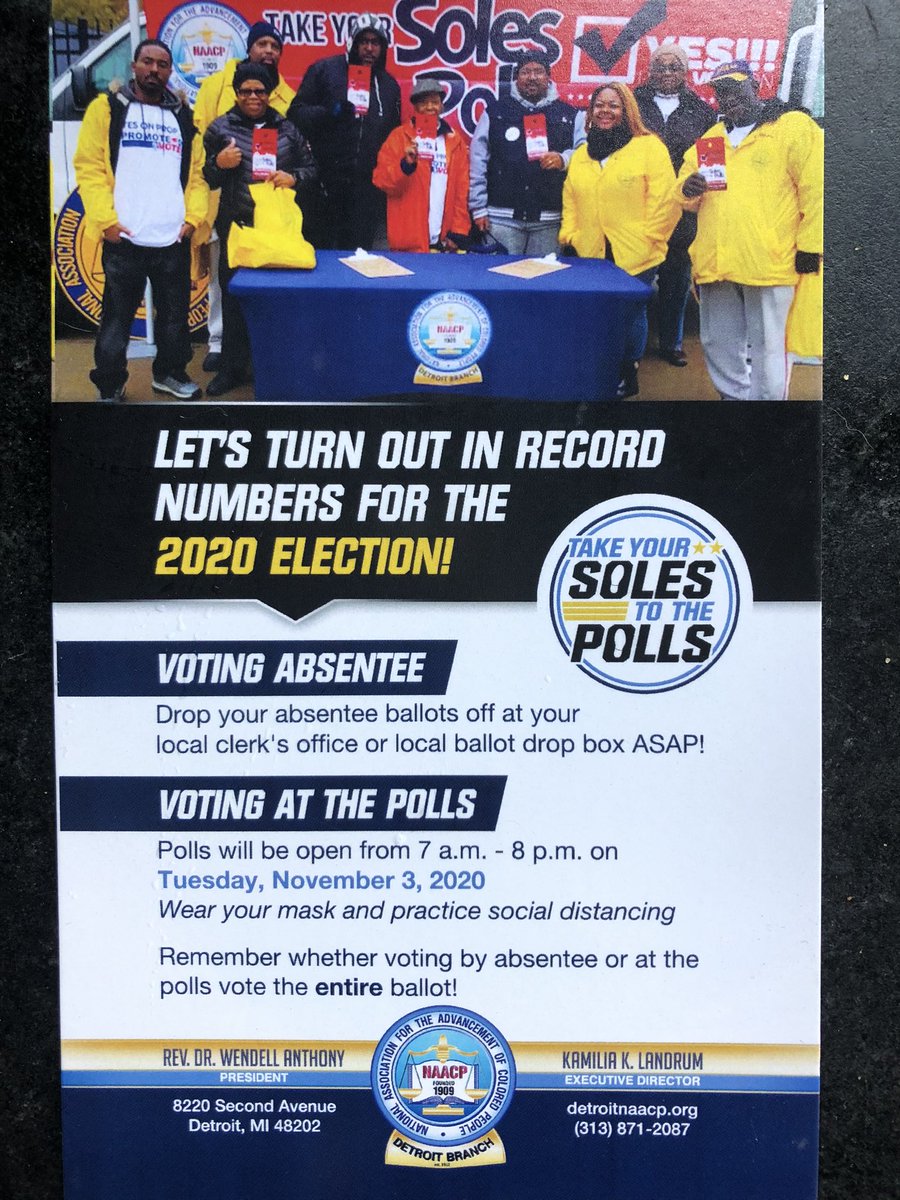 ADraybuck's tweet photo. Today 10/3 is the recommended last day to mail in your absentee ballot application. Thank you @NAACP  #Detroit https://t.co/5MyNpJMPh6