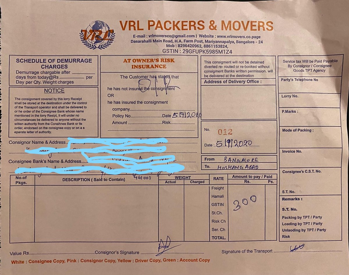 Then they came late night although I told them to come in the afternoon. They packed the stuff quickly and added it to transport. They asked Rs. 300 for labor and then they gave a receipt copy which looks like this  and has nothing much to say.