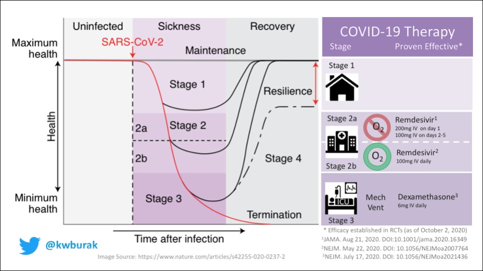 8/ SUMMARYBased on the results of randomized clinical trials there is evidence to support the use of:Remdesivir in hospitalized patients (Stage 2) and Dexamethasone in patients requiring O2 (Stage 2b), but most benefit was seen in patients on a ventilator (Stage 3)